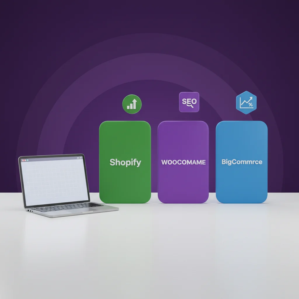 SkuRank illustration: ecommerce platform comparison — Shopify, WooCommerce, BigCommerce — in deep purple editorial style
