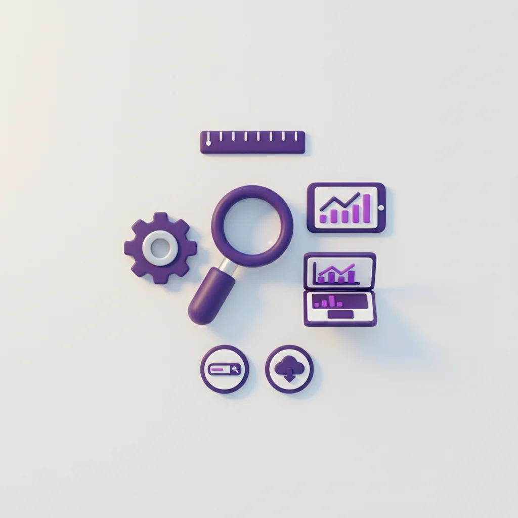 SkuRank illustration: ecommerce SEO tools — magnifying glass, analytics dashboard, laptop and gear — in deep purple editorial style