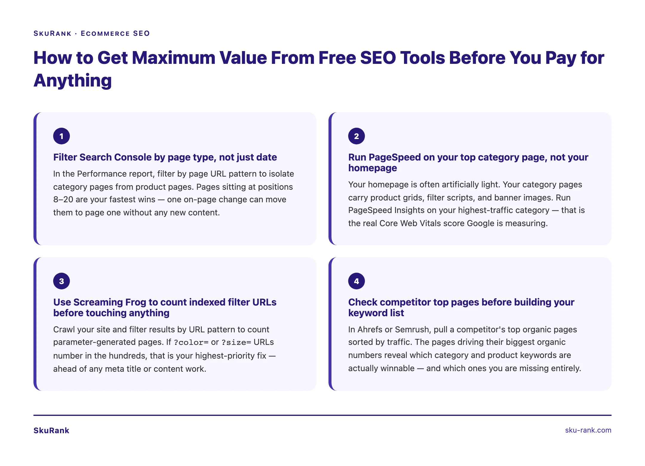 SkuRank tip graphic: How to Get Maximum Value From Free SEO Tools Before You Pay for Anything — source: SkuRank — sku-rank.com