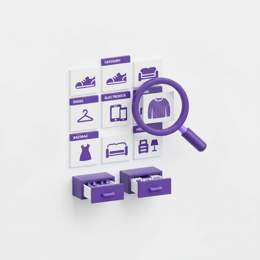 SkuRank illustration: ecommerce category filing system with magnifying glass in deep purple editorial style