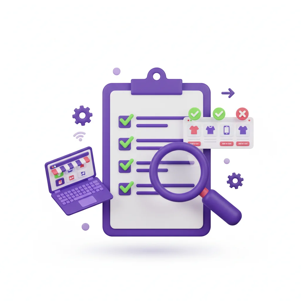 SkuRank illustration: ecommerce SEO audit clipboard with magnifying glass over product pages in deep purple editorial style