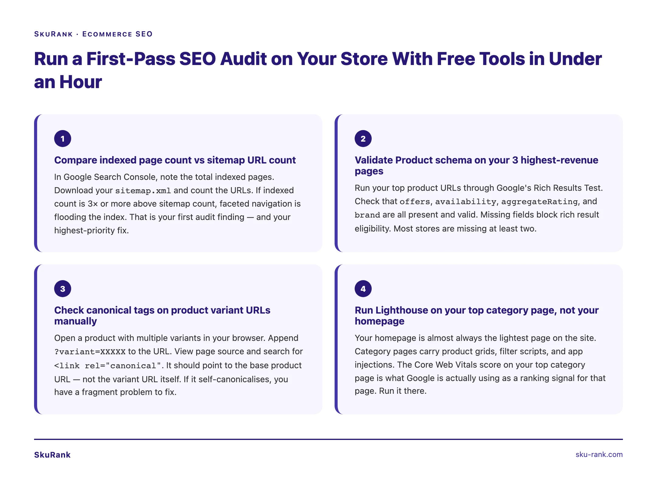 SkuRank tip graphic: Run a First-Pass SEO Audit on Your Store With Free Tools in Under an Hour — source: SkuRank — sku-rank.com