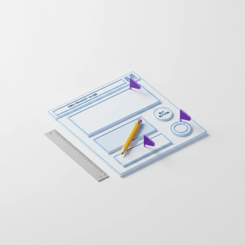 SkuRank illustration: product page wireframe with SEO annotation flags in deep purple editorial style