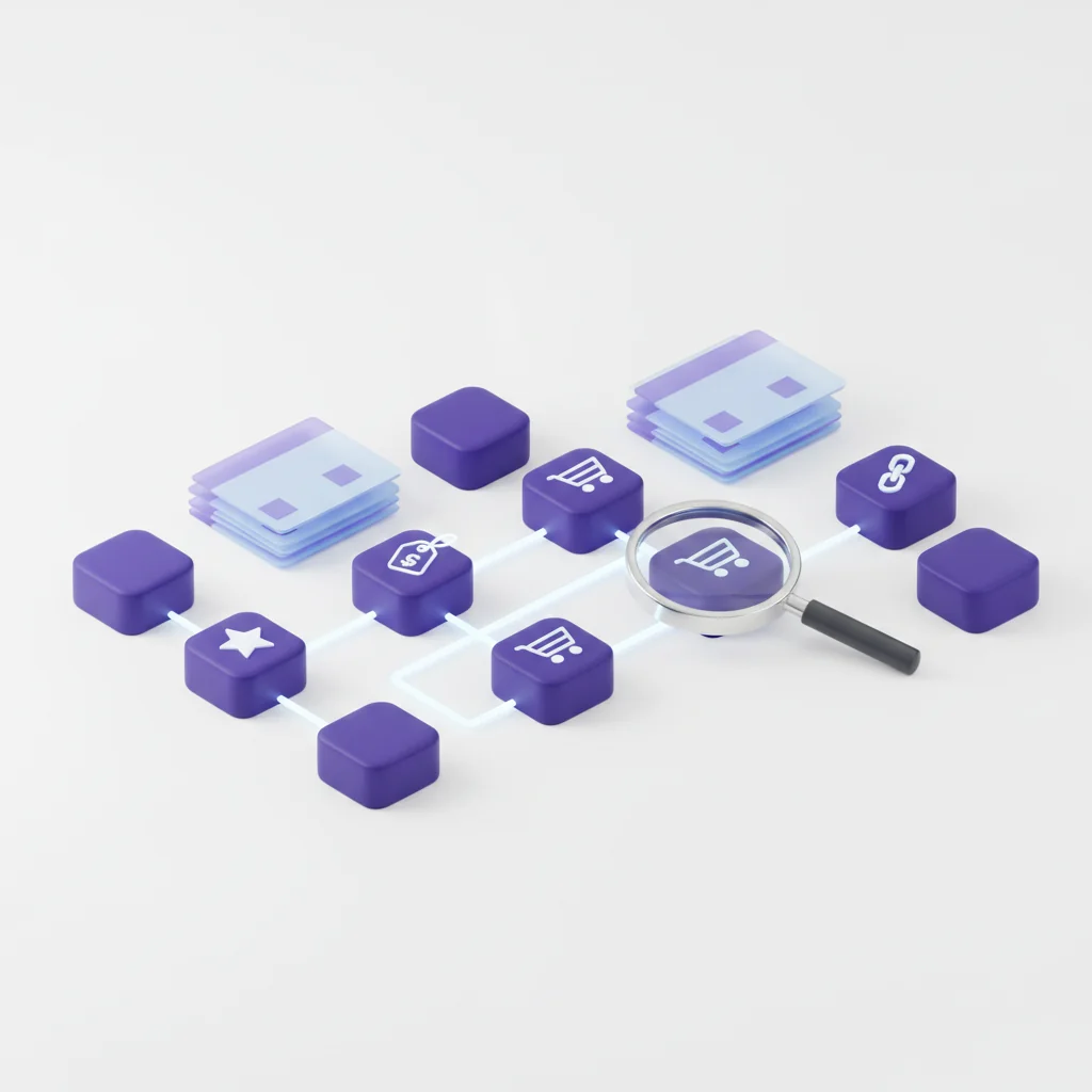 SkuRank illustration: structured data schema blocks connected as a diagram in deep purple editorial style